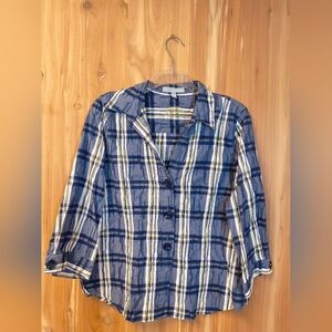 Foxcroft Navy & White Striped Button-Up with Yellow Stitching, Size 12